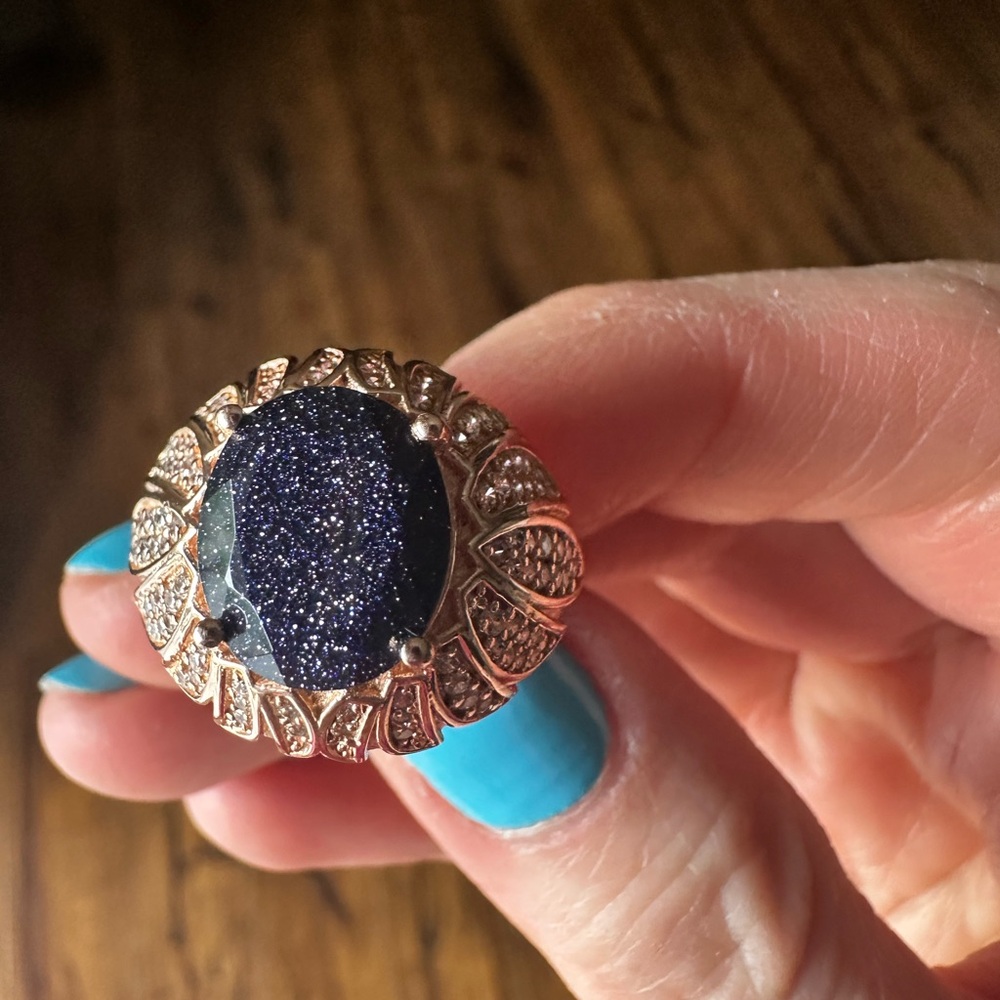 Black sunstone and rose gold-plated (over 925 silver) size 6 ring